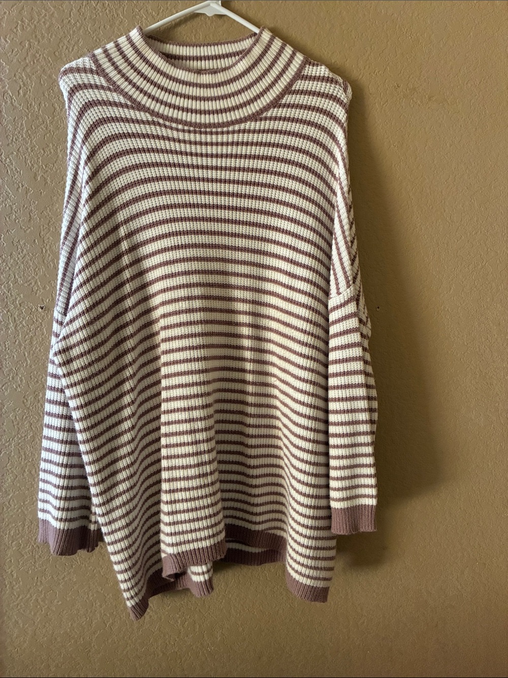 vestique Cream and Mauve Striped Ribbed Turtleneck Sweater